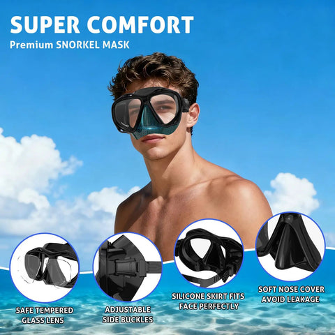 Man wearing Scuba Mask For Grownups And Teens With Panoramic HD Lenses Snorkel Goggles With Nose Cover Dual Lens Diving Mask