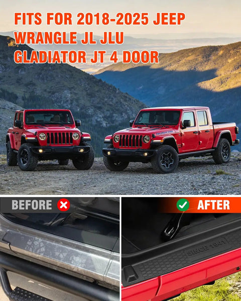 Door Sill Guards Kit For 2018 To 2025 Jeep Wrangler JL JLU And Gladiator JT 4 Door Black Rubber Protectors before and after install