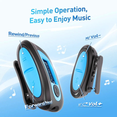 Close-up of Dope Waterproof MP3 Player With Screen IPX8 8GB for surfing and swimming, featuring labeled buttons for easy music control.