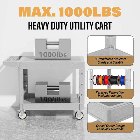 Heavy Duty Utility Rolling Tool Cart With 1000 Lb Capacity, Flat Top Plastic Cart With Two Trays And Easy Rolling Wheels, 46 X 26 Inch Work Cart