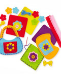 Colorful felt bag pieces and accessories for Beginner Sewing Kit For Kids Ages 6 And Up Kid Friendly Sew Your Own Felt Bags With Handles Screen Free No Mess DIY Projects 6 Fun Bag Projects And Accessories For Quiet Creative Craft.