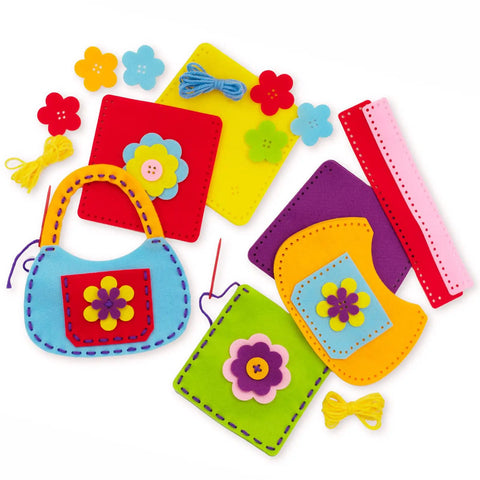 Colorful felt bag pieces and accessories for Beginner Sewing Kit For Kids Ages 6 And Up Kid Friendly Sew Your Own Felt Bags With Handles Screen Free No Mess DIY Projects 6 Fun Bag Projects And Accessories For Quiet Creative Craft.