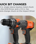 20v Max Cordless Drill And Impact Driver Combo Kit With Brushless Motor showcasing keyless chuck details for quick bit changes.