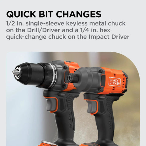 20v Max Cordless Drill And Impact Driver Combo Kit With Brushless Motor showcasing keyless chuck details for quick bit changes.