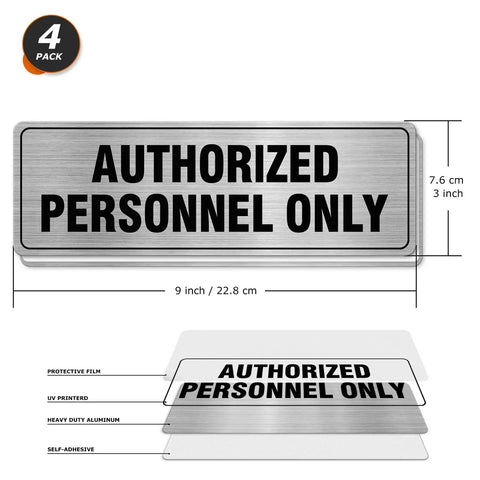 Aluminum Door Sign 9x3 Inches Self Adhesive Waterproof Office Sign For Authorized Personnel Only No Nonsense Durable Metal Wall Sign For Doors Glass And Walls 4 Pack, showing front view with dimensions.