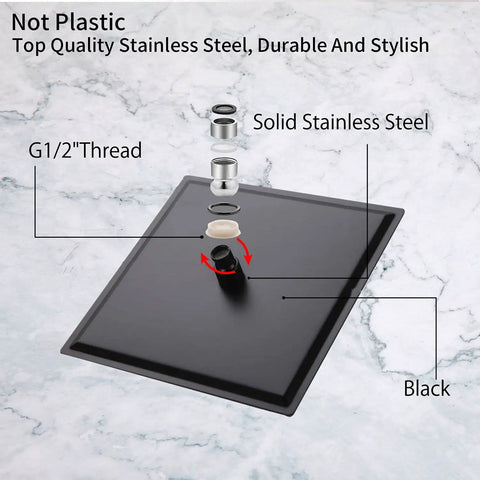 Matte Black Rain Shower Head With 12 Inch Square Head And 16 Inch Extension Arm, Heavy Duty 304 Stainless Steel connection