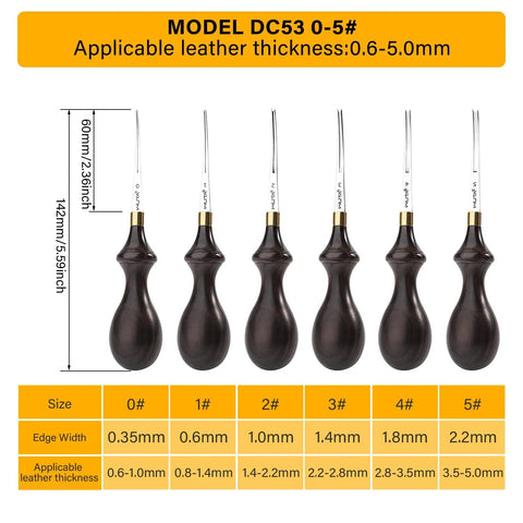 Leather Edge Beveler Pro 1mm Skiving Tool Edger Cutter Creaser Skiver Kit with ebony handle, sizes 0-5# shown