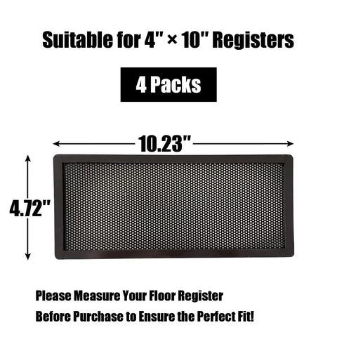 Magnetic Floor Register Vent Cover 4x10 Inch Screen Mesh, black frame, shown with measurements, 4 Pack