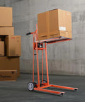 VEVOR material lift winch stacker with pallet on lift plate; orange steel frame and dual rear wheels