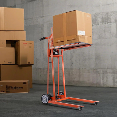 VEVOR material lift winch stacker with pallet on lift plate; orange steel frame and dual rear wheels