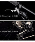 Close-up of Shimano Deore SL-M6100 shifter and RD-M6100 derailleur on Carbon Fiber Full Suspension Mountain Bike With Fox Front Fork