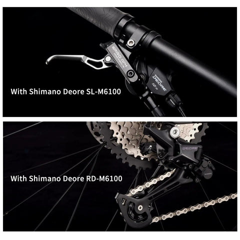 Close-up of Shimano Deore SL-M6100 shifter and RD-M6100 derailleur on Carbon Fiber Full Suspension Mountain Bike With Fox Front Fork