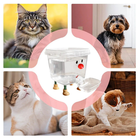 Smile Face Cat Water Dispenser With Cartoon Pet Fountain in center surrounded by images of cats and dogs, promoting hydration.