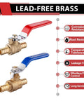 Pack Of 10 Half Inch Pex Brass Full Port Shut Off Ball Valve For Hot And Cold Water With Red And Blue Handles UPC Certified ASTM F1807 NSF ANSI 61 DZR Brass Corrosion Resistant Compatible With Stainless Steel Clamp And Copper Crimp Ring with corrosion-resistant red and blue handles, front view.