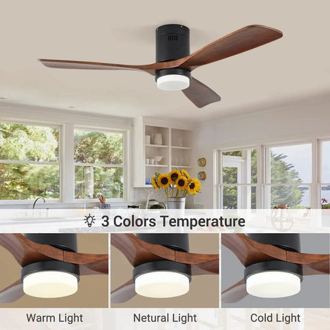 52 Inch Wood Ceiling Fan With Lights And Remote Control, 3 Walnut Blades in room, three color temperatures shown