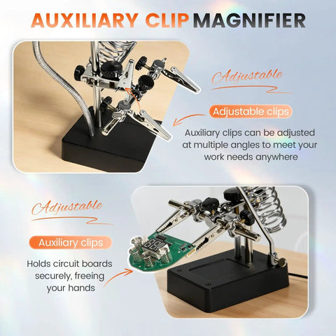 Desktop LED Magnifying Glass Soldering Station With Handy Helping Hands, 2.5X 7.5X 10X Magnifier, Bright LED Light, Alligator Clips