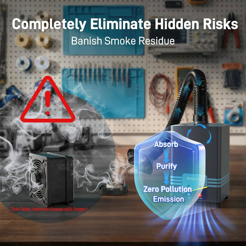 Straight Up Solder Fume Extractor Pulling Heavy Duty Airflow At 128 To 168 Cubic Meters Per Hour With Super Quiet Three Speed Controls For Zero Drama Creative Workshops with smoke and filter.
