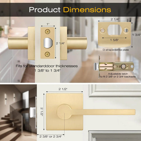 3 Pack Satin Brass Passage Door Handles Square Lever Set No Lock for hallways and closets shown with measurements