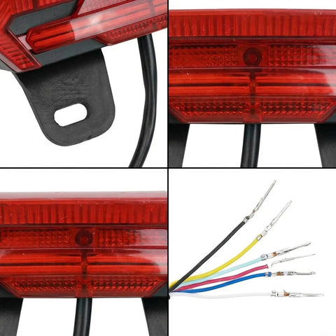 Ultra Bright E Bike Taillight With Turn Signals And Brake Sensor That Lights Up instantly For Night Riding Safety On Any Scooter Or Electric Cycle, red ABS housing, wiring close-up