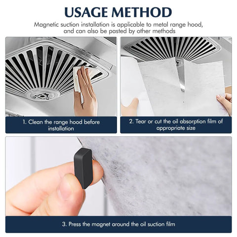 Range Hood Filter Sheets Nonwoven Fabric For Grease And Oil Protection Replacement Paper Roll Oil Proof Filter Paper Anti Oil Sticker White 10M Length Easy Install Durable Nonwoven Material For Cleaner Kitchen Vents showcased in usage instructions.
