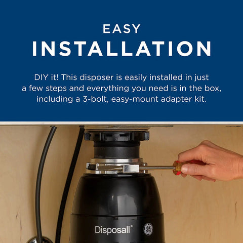 Person installing Disposall 1/2 HP Continuous Feed Garbage Disposer with Easy Install Kit Non Corded for 2-4 person homes