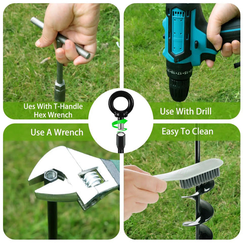 Beefy Heavy Duty Ground Anchors Screw In 18 Inch Kit 6 Pack shown with drill, wrench, T-handle, and cleaning brush