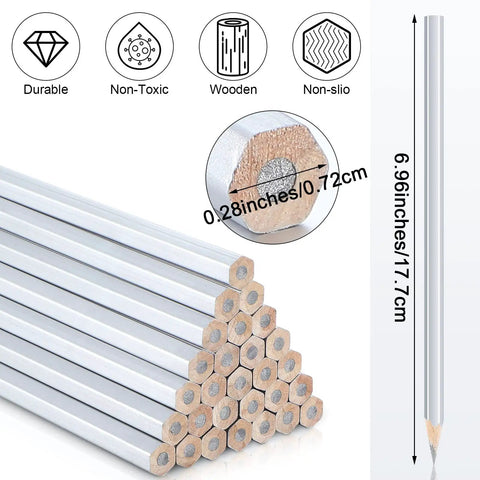 Stacked 48 Pack Silver Welding Pencils for Metal and Woodworking Durable Wooden Marking Pencils with Strong Lead Safe Construction Tool For Builders Trades Pros Teachers Students Shop Or Office, showing pencil dimensions.