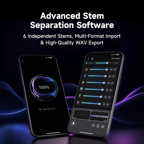 Advanced stem separation software on smartphones, showcasing features of F15i AI Smart Guitar Amp With Touch Screen 15W, 55 Amp Models