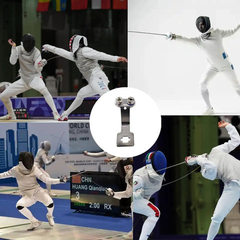 Stainless Steel Fencing Foil Socket Replacement Built To Last Heavy Duty Bracket Mount with fencers in action background.