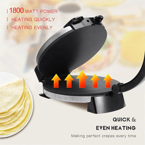 Super Sweet 10 Inch Electric Roti Maker Machine with raised lid, showcasing even heat indicators and non-stick surface.