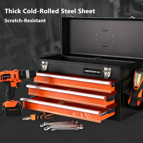 Rugged Metal Tool Box With Drawers Portable Chest Organizer for Garage and Workshop, Black Finish with open drawers and tools