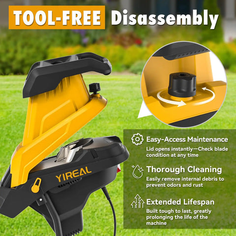 Close-up of tool-free disassembly feature on the upgraded 3-blade electric wood chipper with 15 amp motor for easy maintenance.