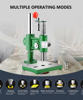 Heavy Duty Cast Iron Arbor Press With Slick Automatic Rebound Handle And Knockout 350 Lb Capacity showcasing multiple operating modes.
