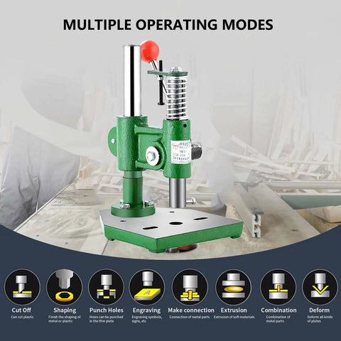 Heavy Duty Cast Iron Arbor Press With Slick Automatic Rebound Handle And Knockout 350 Lb Capacity showcasing multiple operating modes.