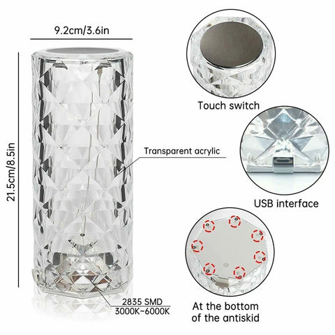 Crystal RGB Color Changing Table Lamp With Rose Diamond Design, Remote And Touch Control, 16 Color Options, lamp dimensions
