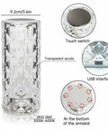 Crystal Table Lamp RGB Color Changing Night Light 2 Pack With Touch Control And Remote, showing cylindrical design, touch switch, USB interface, and anti-skid base.