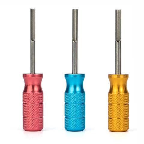 Deutsch Terminal Extraction Tool Kit DT Series 3 Piece Set with red, blue, and yellow handles, stainless steel tips