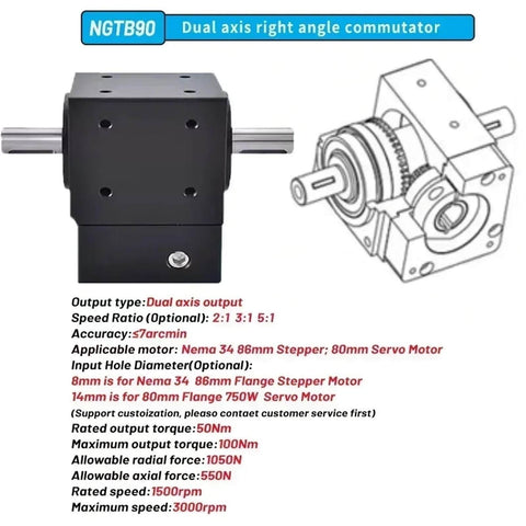 Dual axis right angle planetary gearbox with seven arc minute precision commutator for 80 Servo and Nema 34 stepper motors, 50Nm rated.