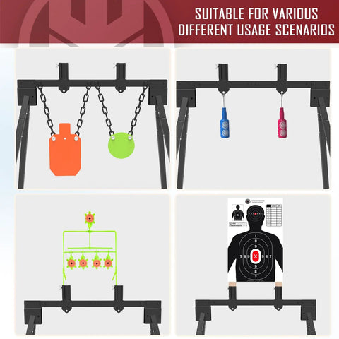 AR500 Steel Target Kit For Shooting Stand System With Height Adjustable Frame, showing different target configurations including silhouette and gong targets.