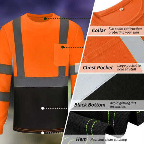 Six Pack High Visibility Long Sleeve Safety T Shirts For Work Men XL Fluorescent Orange With 2 Inch Reflective Strips