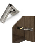 Skip The Fiddly Hardware 90 Degree Locking Folding Bracket Wall Shelf Hinge shown open, nickel coated steel, ideal for quick installations.