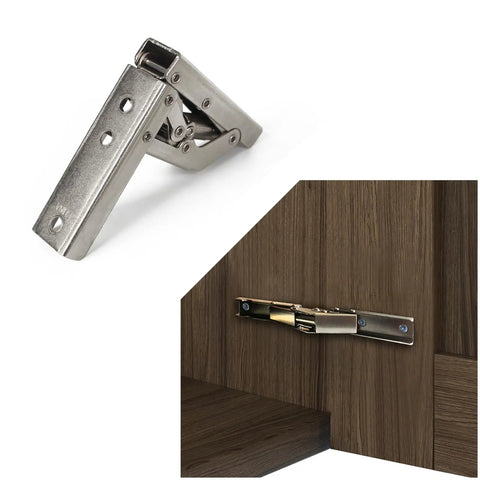 Skip The Fiddly Hardware 90 Degree Locking Folding Bracket Wall Shelf Hinge shown open, nickel coated steel, ideal for quick installations.