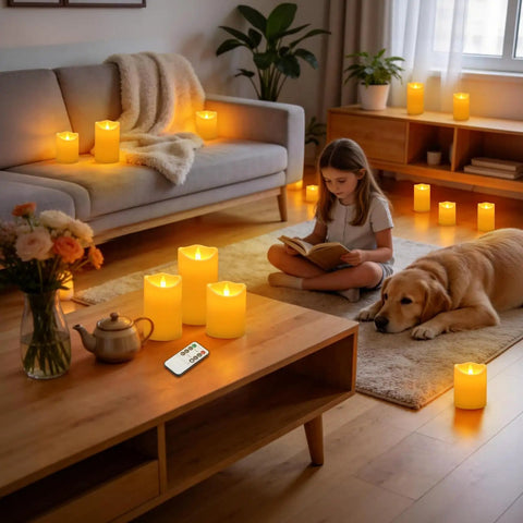 Cozy living room with Battery Operated Tea Lights Flameless LED Votive Candles Pack Of 200 With Warm Yellow Glow, creating ambiance.