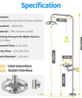 Heavy Duty Combination Emergency Eye Wash Shower Station Forged From Bonafide 304 Stainless Steel dimensions specification and inlet information.