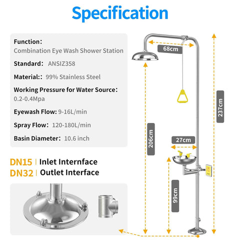 Heavy Duty Combination Emergency Eye Wash Shower Station Forged From Bonafide 304 Stainless Steel dimensions specification and inlet information.