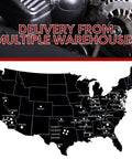 Map of the United States showing delivery points from multiple warehouses, with an image of a mechanical part above.