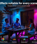 Outdoor 50W RGBW LED Flood Light with remote control illuminating a patio with colorful light effects during evening dining.