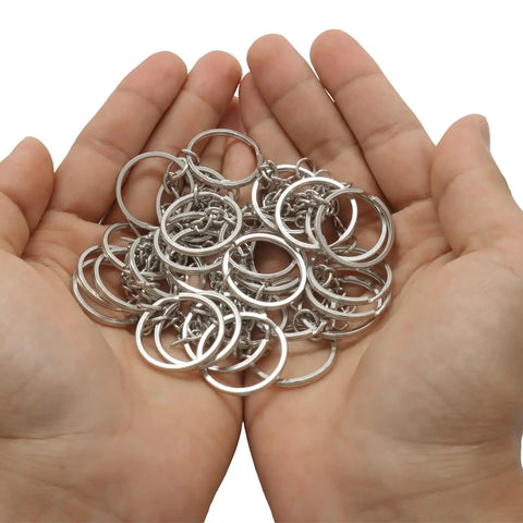 Thinking Process: silver 25mm split ring keychain pack in hands, 100 pc zinc metal rings for keys and crafts