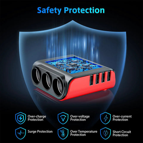 Slick Heavy Duty 7 In 1 Cigarette Lighter Splitter with safety protection features and blue LED display for vehicles.