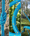 Close-up of knotted Double Braided Arborist Rope 0.55 Inch By 200 Feet Static Rope with 8400 Lbs Breaking Strength for tree work.